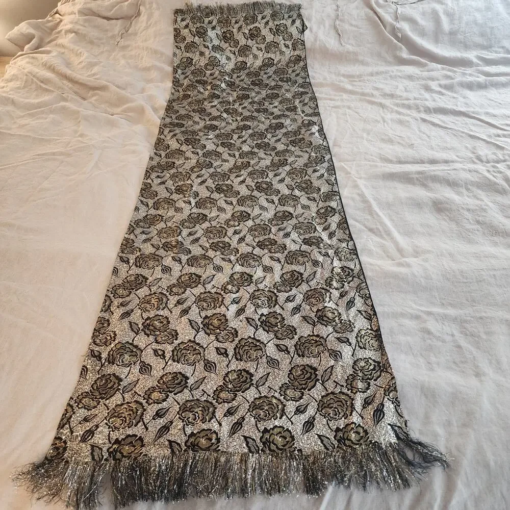 Inga-go Boutique Black and Gold Metallic Floral Scarf Wrap Size 19 x 70